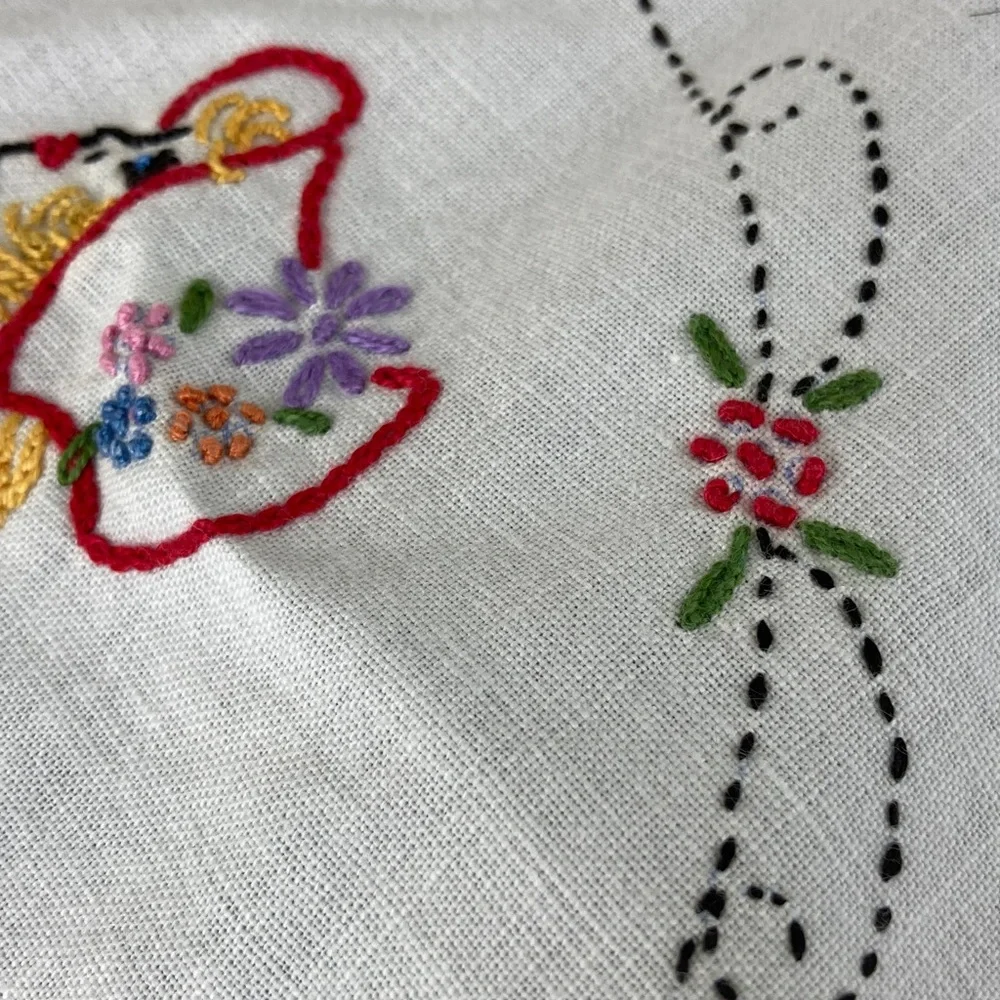 Vintage Hand Embroidered Linen & Lace Tablecloth Crinoline Ladies in Hoop Skirts